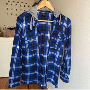 Blue and black flannel with gray hoodie